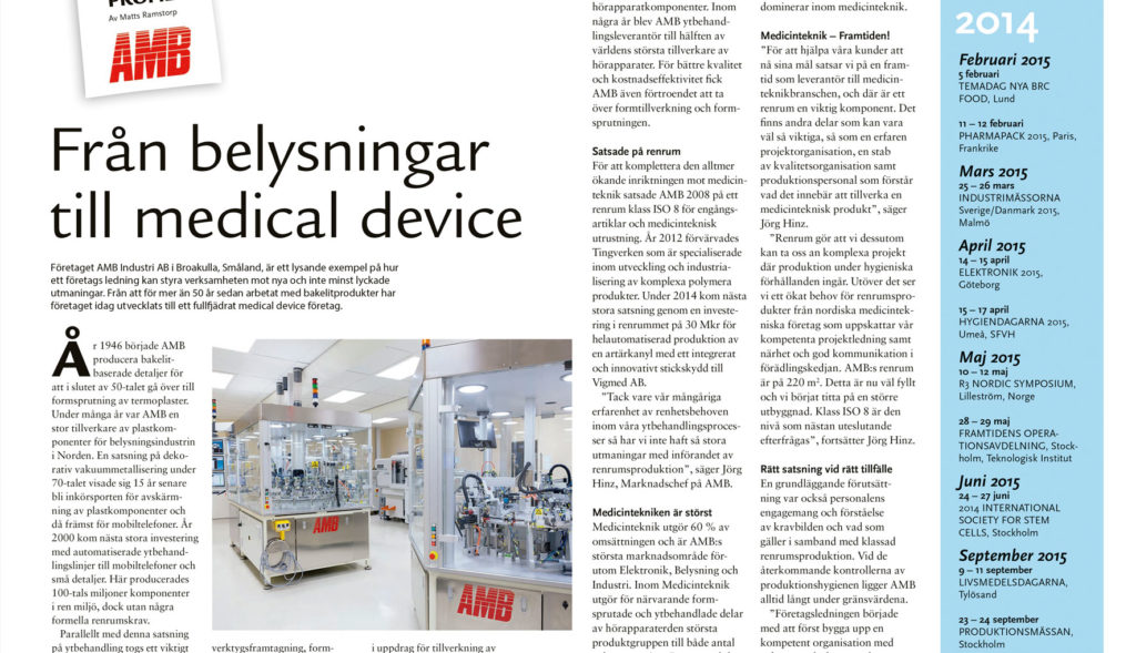 Tidningssida med rubriken "Från belysningar till medical device", artiklar om AMB:s utveckling och bilder från produktionsmiljö.