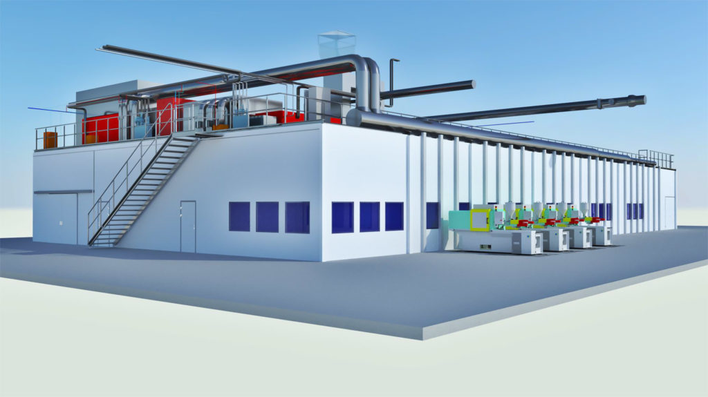 Illustration av ett produktionsflöde där formsprutor matar in komponenter i ett renrum via genomföringar i väggen.