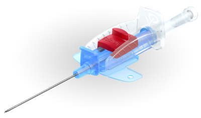 Medical needle with an integrated safety mechanism and transparent plastic housing, with some components highlighted in blue to show the internal design.