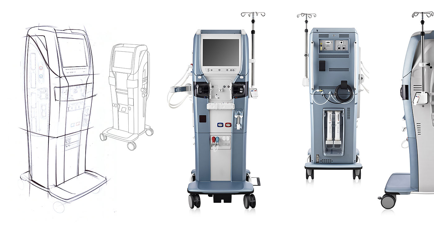 Exempel på färgsättning där dialysapparaten Gambro AK96 kombinerar en sval gråblå kulör med ljusgrått. Bilden visar både skisser och färdiga produktbilder ur flera vinklar.