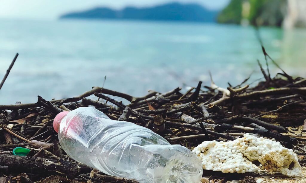 En plastflaska, frigolit och kvistar ligger bland strandskräp vid havet, med suddig vy av vatten och öar i bakgrunden.