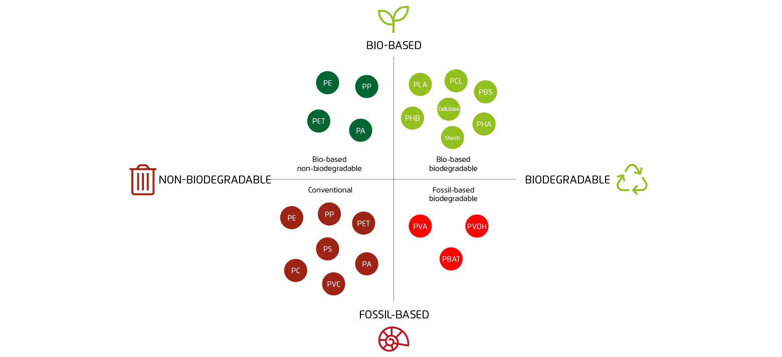 Four-quadrant chart classifying plastics by origin (bio-based or fossil-based) and degradability. For example: PLA, PHA, and starch are bio-based and biodegradable; PE and PET can be both bio- and fossil-based but are non-biodegradable; PBAT and PVOH are fossil-based yet biodegradable.