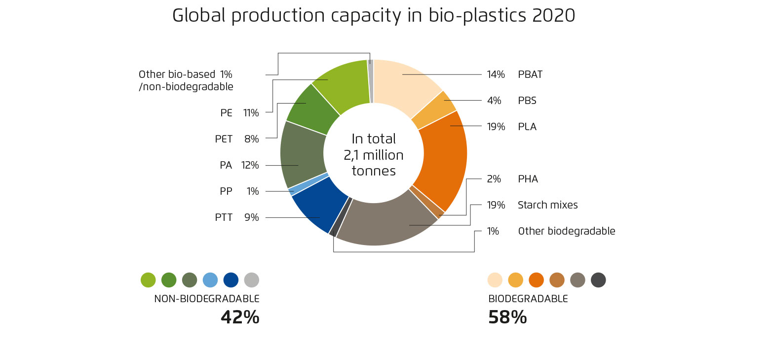 Pie chart showing global production capacity of bio-plastics in 2020. 58% are biodegradable, 42% are non-biodegradable. Largest shares include PLA and starch mixes (19% each), followed by PBAT (14%) and PA (12%).