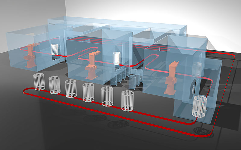 3D-illustration av en automatiserad lackeringslinje med robotar och transportbanor i en industriell anläggning.