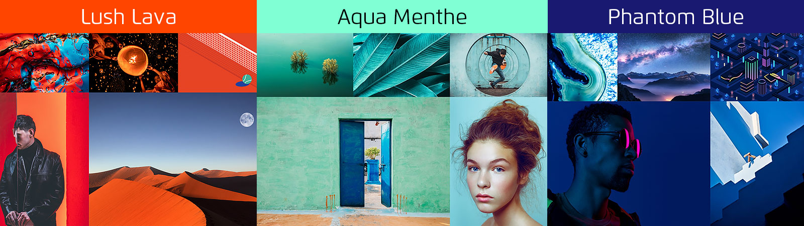 Visual of three 2020 color trends: Lush Lava (vibrant red-orange), Aqua Menthe (mint turquoise), and Phantom Blue (deep blue). Each color is represented by images of people, landscapes, and objects in corresponding shades.