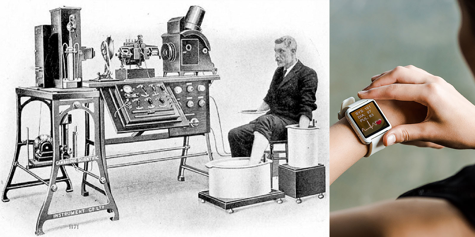 Jämförelse mellan tidigt EKG-instrument från 1900-talets början och modern smartklocka som mäter puls och blodtryck.
