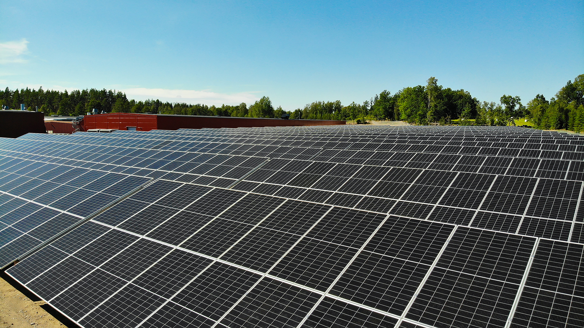 Solcellspark intill AMB:s anläggning, med rader av solpaneler under klarblå himmel och omgivande skog.