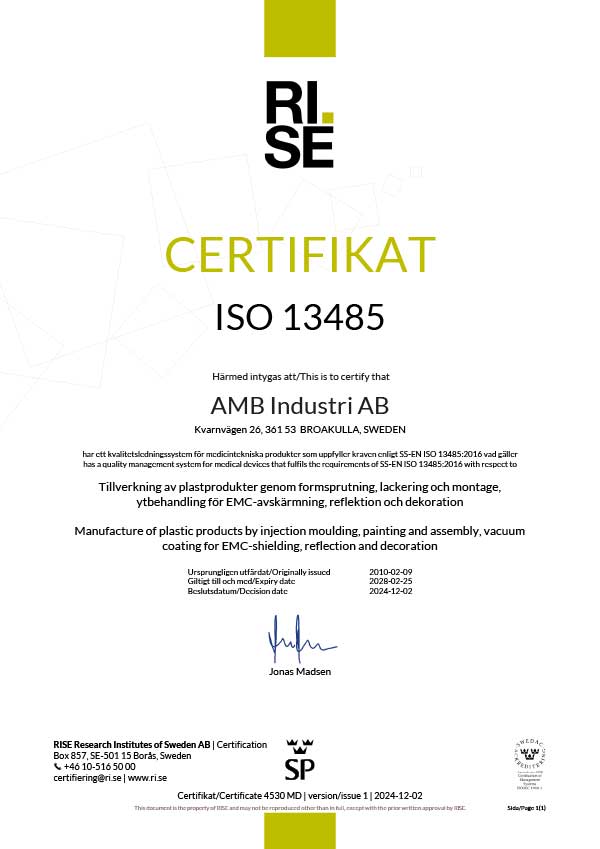 ISO 13485 certifikat utfärdat av RISE